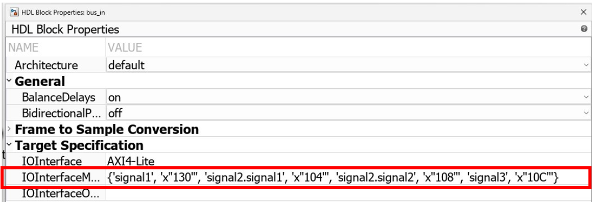 IOInterfaceMapping parameter in Inport and Outport block HDL block property displaying all the bus element addresses