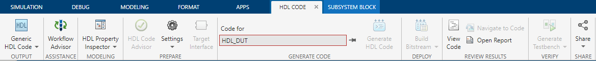 HDL Coder tab with the Code for option outlined in red.