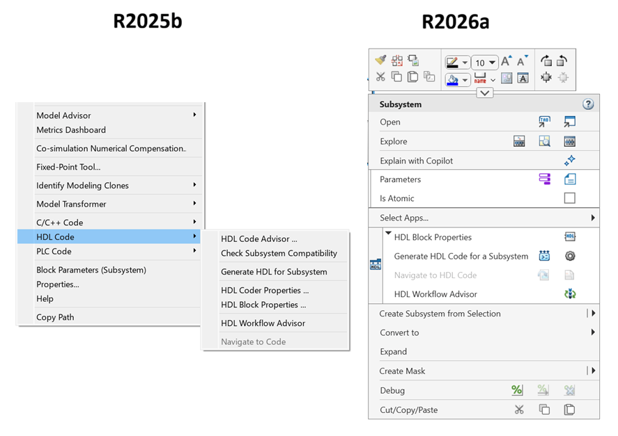 On the left is the context menu that opens when you right-click a block in R2025b, and on the right is the same menu in R2026a. The R2026a context menu is more compact than the R2025b context menu, clickable options