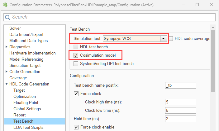 Configuration Parameters dialog box open on Test Bench, with Simulation tool set to Synopsys VCS and Cosimulation model test bench selected and highlighted.