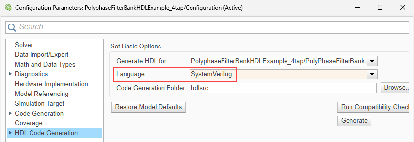 Configurations Parameters dialog box open on the HDL Code Generation node, with SystemVerilog selected as the target language on the right.
