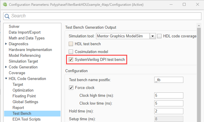 Configurations Parameters dialog box open on the Test Bench node, with SystemVerilog DPI test bench selected on the right.