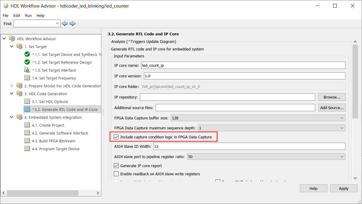 Include capture condition logic in HDL IP core by selecting the Include capture condition logic in FPGA Data Capture parameter in step 3.2. Generate RTL Code and IP Core in the HDL Workflow Advisor tool.