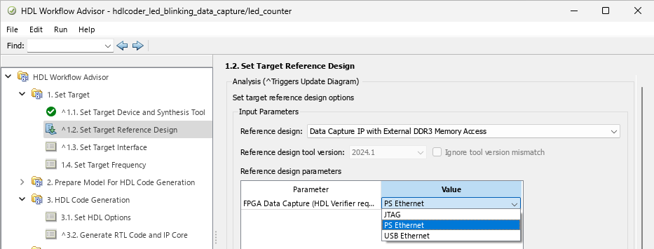 HDL Workflow Advisor open on the 1.2. Set Target Reference Design step, with the FPGA Data Capture (HDL Verifier required) parameter set to PS Ethernet.