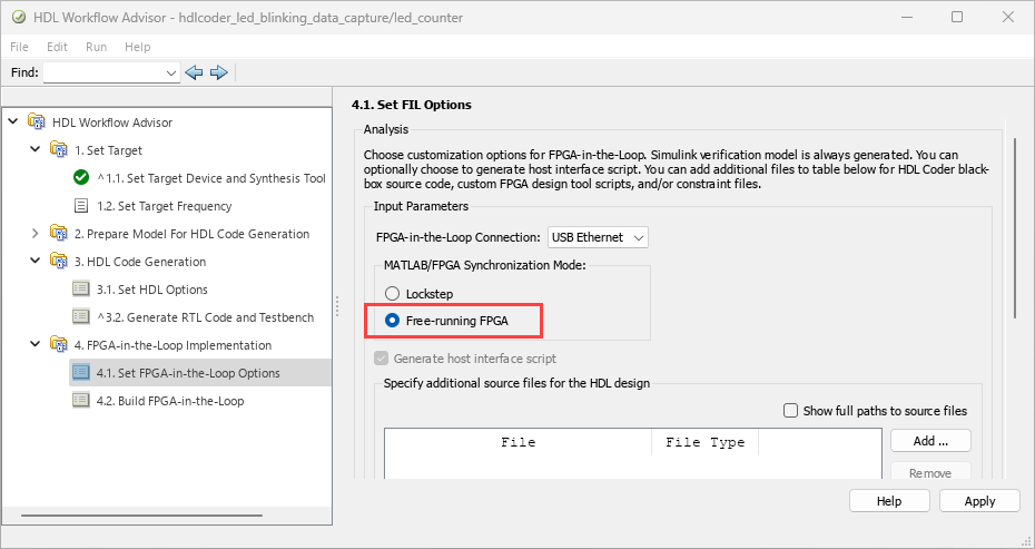 HDL Workflow Advisor open on the 4.1. Set FPGA-in-the-Loop Options step, with the Free-running FPGA mode selected and highlighted