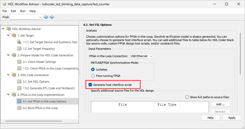 HDL Workflow Advisor open on the 4.1. Set FPGA-in-the-Loop Options step, with the Generate host interface script option selected and highlighted
