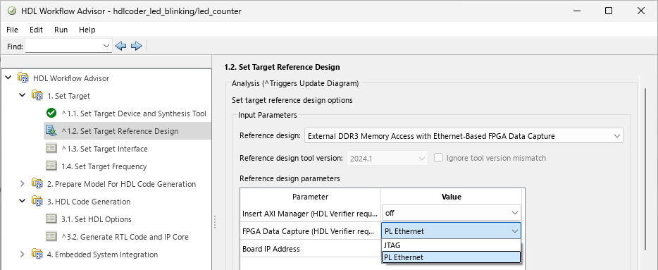 HDL Workflow Advisor open on the 1.2. Set Target Reference Design step, with the FPGA Data Capture (HDL Verifier required) parameter set to PL Ethernet.