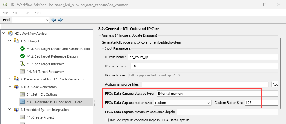 HDL Workflow Advisor open on the 3.2. Generate RTL Code and IP Core step, with the FPGA Data Capture storage type, FPGA Data Capture buffer size, and Custom Buffer Size parameters highlighted.
