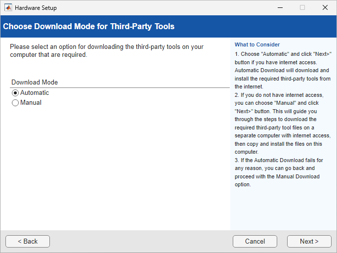 Choose Download Mode for Third-Party Tools Window that has Automatic or Manual options