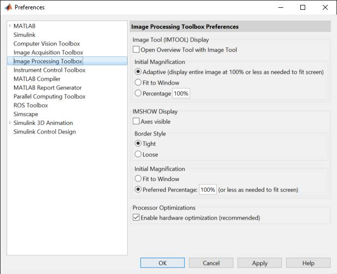 Interface for the Image Processing Toolbox Preference window