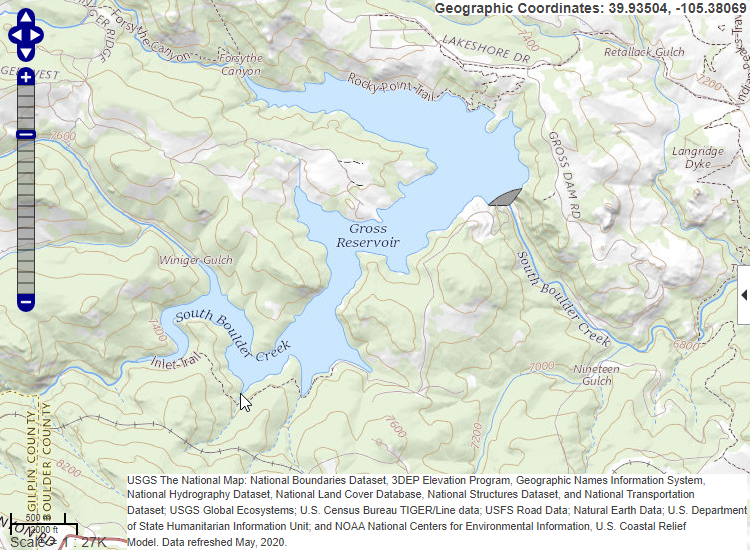 The same web map with a cursor over the lake and corresponding coordinates in the upper-right corner