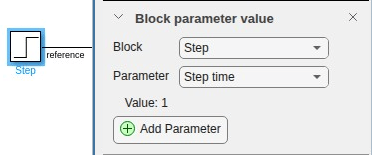 Block parameter value test with corresponding Step block highlighted in block diagram