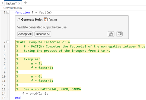 Function file in the Editor, showing a function with generated help text and a box labeled "Generate Help" that contains Accept and Discard buttons