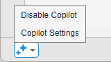 Copilot status indicator in the lower-left corner of the desktop showing the Disable Copilot and Copilot Settings options
