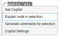 Code selected in the Editor, with the sparkle icon next to it and a context menu below it that includes the options "Explain code in selection" and "Generate comments for selection"