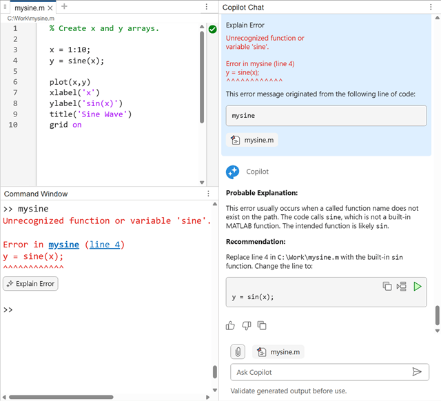 MATLAB desktop, showing an error in the Command Window along with an Explain Error button. The Copilot Chat panel shows an explanation of the error and a recommendation for how to fix it.
