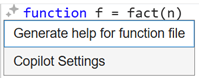 Function definition line in a file, with the sparkle icon next to it and a context menu below it that includes the option "Generate help for function file"