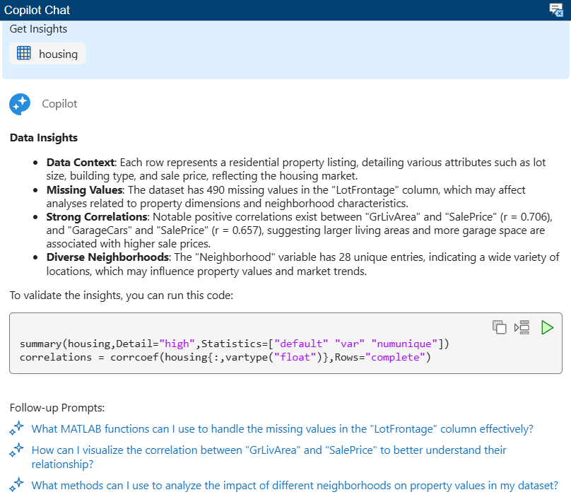 Copilot Chat panel showing data insights for a housing data table