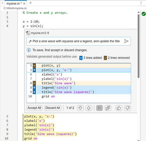 Code file in the Editor, showing code that calls the sin function and an Ask Copilot box below it. The prompt "Plot a sine wave with squares and a legend, and update the title" is visible in the text box and the line differences between the modified code and existing code appear below the text box. Buttons to interact with the modified code appear below the line differences.