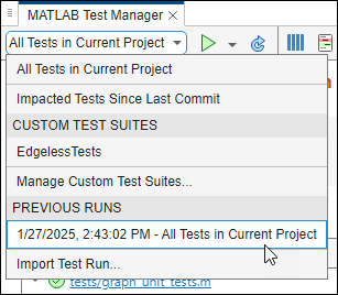 The mouse points to a previous run of All Tests in Current Project.