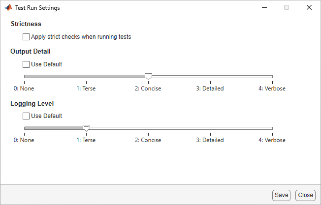 The Test Run Settings shows the current settings. Strict checks are not applied, Output Detail is set to Concise, and Logging Level is set to Terse.