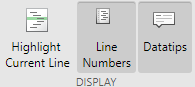 App Designer display options. The options are: Highlight Current Line, Line Numbers, and Datatips.