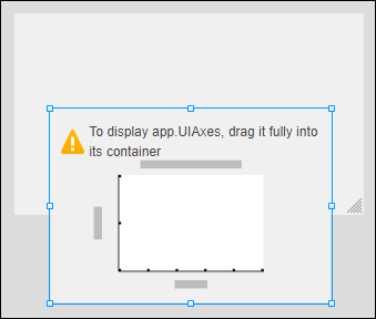 App Designer canvas with a UIAxes component partially off the canvas. The component has a placeholder image with text that says: "To display app.UIAxes, drag it fully into its container".