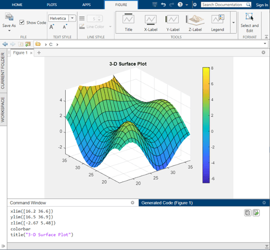 MATLAB Online workspace showing a surface plot with a title and color bar, and generated code. The Show Code check box in the File section of the Figure tab is selected.