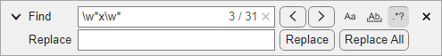 Find and replace dialog box with the Regular Expression button selected and the expression \w*x\w* in the Find text field
