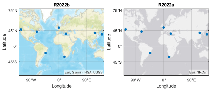 Two geographic plots. The first plot was created in R2022b, and it displays the specified streets basemap. The second plot was created in R2022a, and it displays the streets-light basemap.