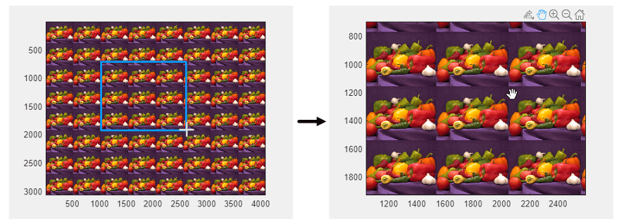 Two figures in succession: One figure shows the crosshair selection cursor selecting part of an image to zoom into. The second figure shows the hand-shaped cursor panning within the image.