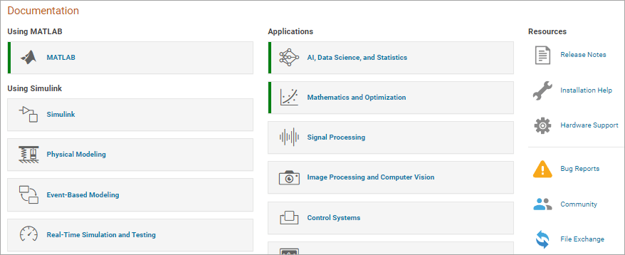 Help browser showing the documentation by category. The MATLAB; AI, Deep Learning, Statistics and Data Science; and Mathematics and Optimization categories have a green bar to the left of their names.