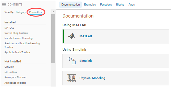 Help browser showing the Contents panel on the left with the Product List selected. The Product List includes the list of products that are installed, followed by the list of products that are not installed.