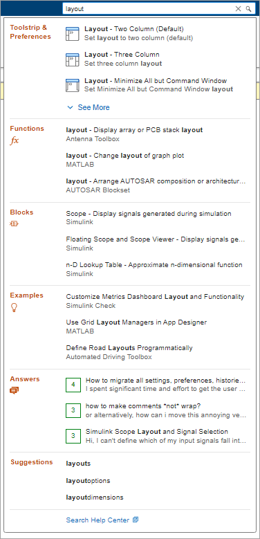 Search box containing the word layout and a list of search results including toolstrip actions, functions, blocks, and examples