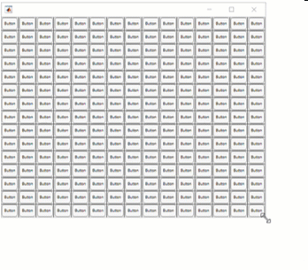 Animation of resizing a figure window with many panels that each contain a button in R2022b