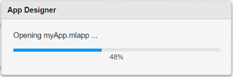 App Designer progress dialog box. The dialog box has text "Opening myApp.mlapp..." and the progress bar shows 48% completion.