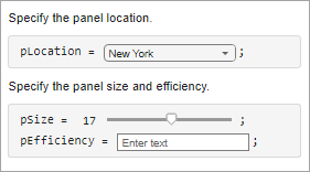 Live script with a drop-down list, slider, and edit field all in different positions within their respective code lines