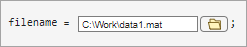 File browser with the file C:\Work\data1.mat selected, assigned to the variable filename