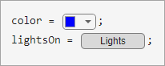 Color picker with the color blue selected, assigned to the variable color. State button in the selected state, assigned to the variable lightsOn.