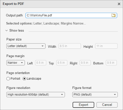 Export to PDF dialog box, with an edit field for specifying the output path, and several drop-down lists and radio buttons for specifying paper size, page margin, page orientation, figure resolution, and figure format