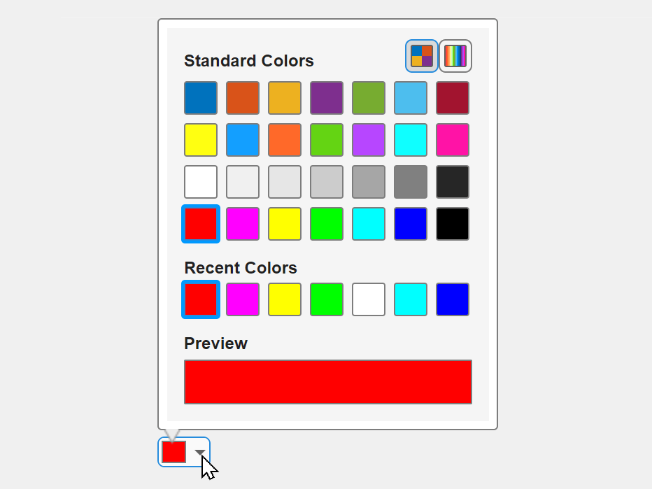 Color picker UI component showing standard colors, recent colors, and a color preview. The current color selection is red.