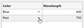 Table UI component with two columns, Color and Wavelength. The cells in the Color column have an upside-down triangle icon at the far right.