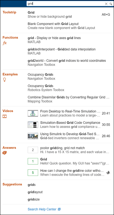 Search box containing the word grid and a list of search results including toolstrip actions, functions, and examples