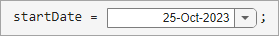 Date picker with the date 25-Oct-2023 selected, assigned to the variable startDate
