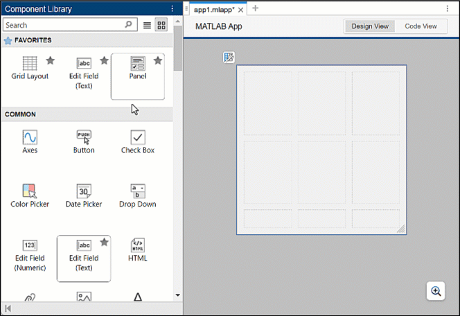 Animation of adding a panel and an edit field, each spanning multiple grid cells, to a grid layout manager in App Designer