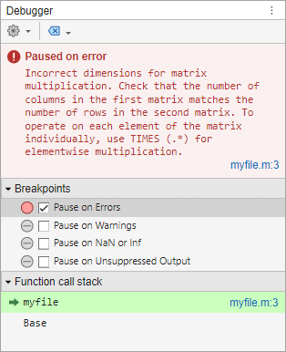 Debugger panel showing an incorrect dimension for matrix multiplication error with information about how to resolve the error, the file the error occurred in, and the code line