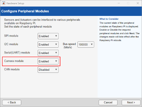 In the Hardware Setup tool, the Configure Peripheral Modules window shows the option to enable or disable the camera module.