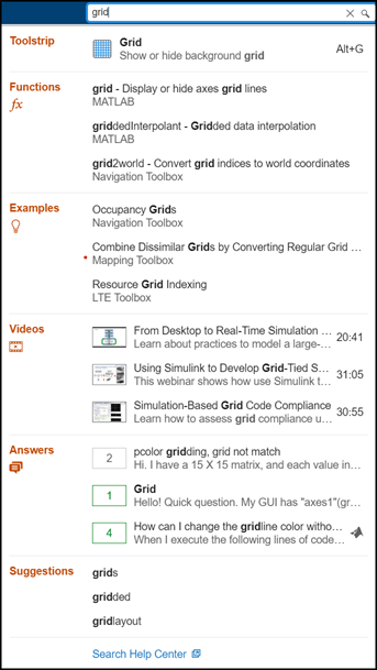 Search box containing the word grid and a list of search results including toolstrip actions, functions, and examples