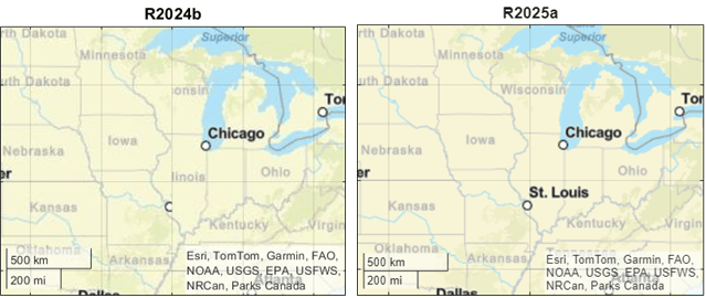 Comparison of basemaps in R2024b and R2025a