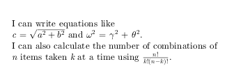 Sample of a paragraph containing LaTeX equations and a fraction in R2024b. The equations use a small font that is about the same size as the surrounding text. The fraction uses a smaller font.